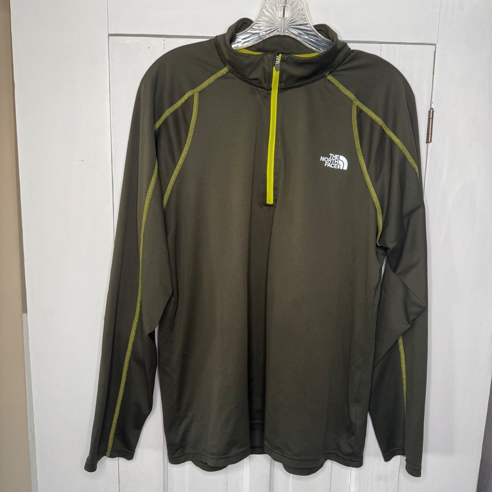 The North Face Men's Size Medium 1/4 Zip Pullover Olive Green Lime Stitching - Picture 2 of 6